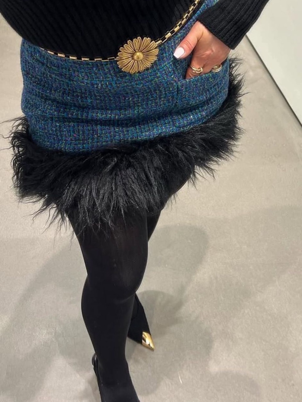 Saint Laurent Paris Tweed Mini Skirt Faux Fur Trim Blue Black FR38 US6